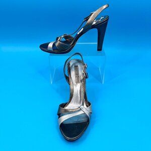 NWT BANDOLINO BDZOHRA METALLIC PEWTER & SILVER LEATHER STRAPPY SANDALS  - 7.5M